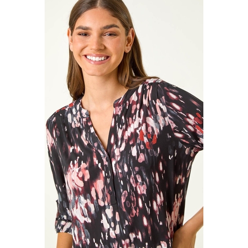 Textured Abstract Print V-Neck Stretch Top - Brown