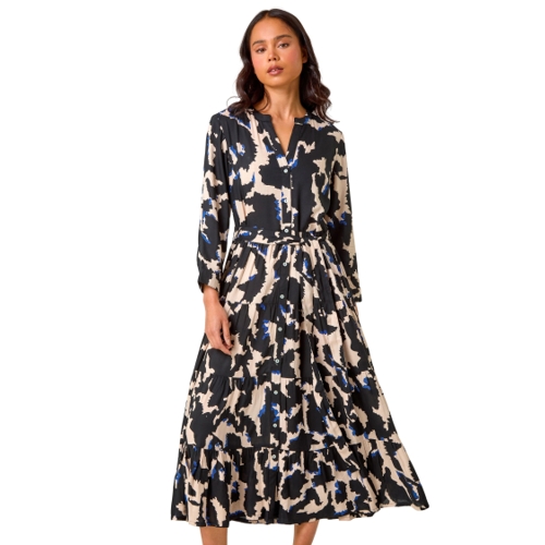 Roman Midi Dress - Animal Print - Black, Blue - Size 12