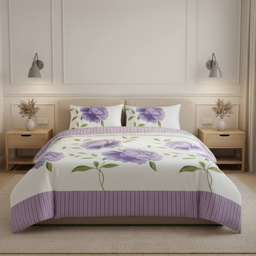 Reversible Floral Duvet Set Elegant Flower Stripe Pattern Bedding for Home Decor - Purple - King