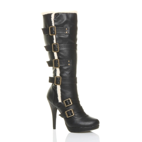 AJVANI High Slim Heel Aviator Boots - Black - Size 4