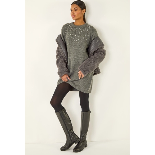 Faux Pearl Embellished Knit Dress - Grey - Size: 14