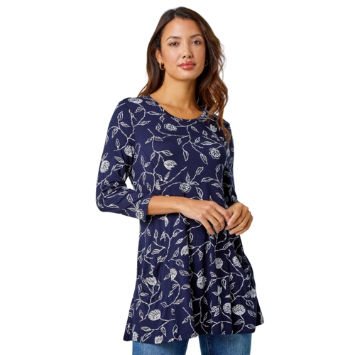 Floral Print Pocket Swing Stretch Top - Blue - 10