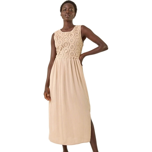 Crochet Bodice Midi Dress - Roman - Beige - 12