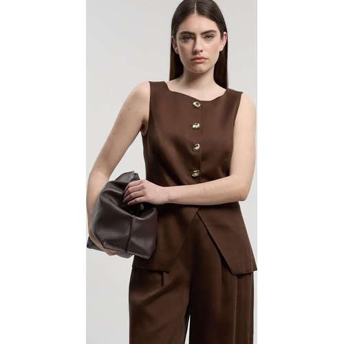 Karen Millen Tailored Linen Statement Button Front Waistcoat in Chocolate - Size 6