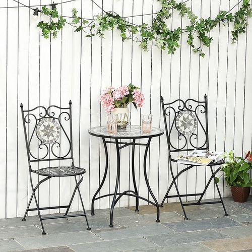 Outsunny 3 Pcs Mosaic Tile Garden Bistro Set Outdoor w/ Table 2 Folding Chairs - Grey