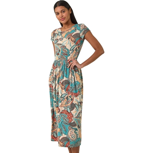 Roman Paisley Print Short Sleeve Midi Dress - Blue - Floral - 20