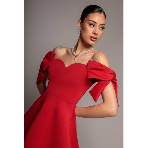 Bardot Plunge Neck Bow Sleeve Skater Mini Dress - Red - Size: 10