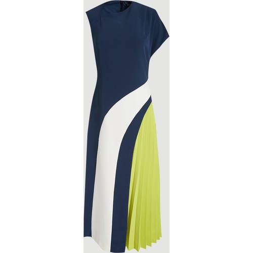 Karen Millen Soft Tailored Colour Block High Neck Pleated Midi Dress - Blue - Size 10