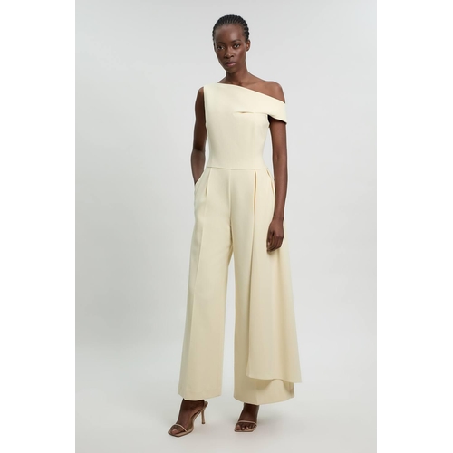 Karen Millen Compact Stretch Asymmetric Neck Wide Leg Jumpsuit - Cream - 14