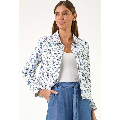 Floral Print Bengaline Denim Jacket - Roman - Floral - White