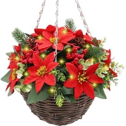 Christmas Hanging Basket - Red - Pre Lit - 28cm - Best Artificial