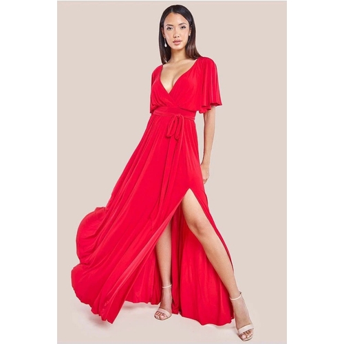 Wrap Front Maxi With Flutter Sleeves - Red - UK 12