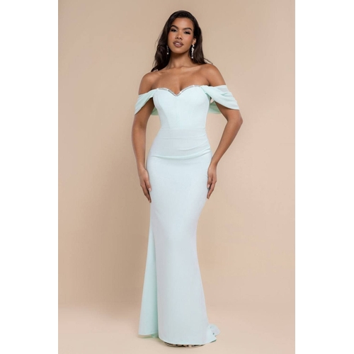 Goddiva Maxi Dress - Off The Shoulder Draped Sleeve Maxi Dress With Diamante Neckline - Mint Green - Size UK 12