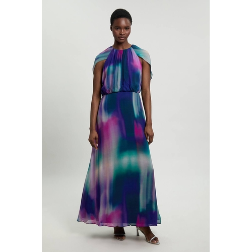 Karen Millen Crinkle Georgette Cape Blur Print Woven Maxi Dress - Multicolor - Size 12
