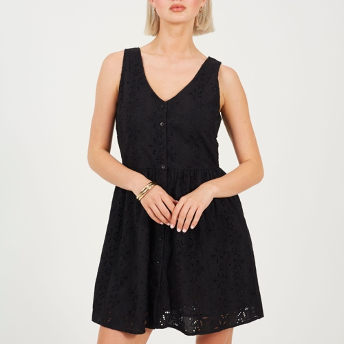 Brave Soul BS Broiderie Mini Dress with Button Fastening - Black - 16