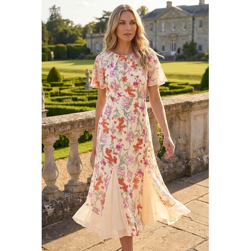 Floral Godet Hem Dress - White - 16