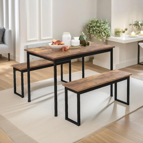 Industrial Dining Table Set With 2 Benches - Rackhams - Brown