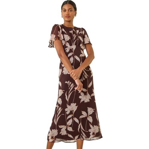 Floral Print Flutter Sleeve Midi Dress - Roman - Floral - UK 18