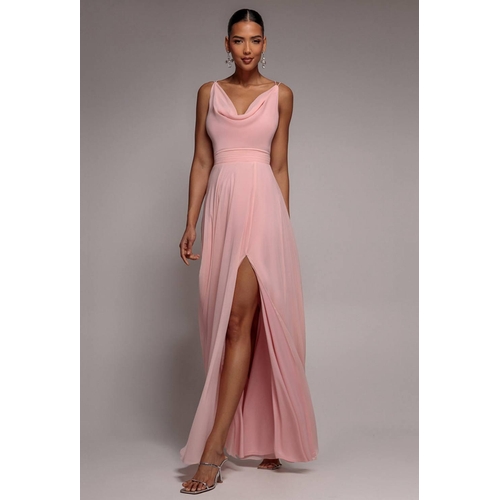 Goddiva Chiffon Cowl Twisted Rope Strap Lace Maxi Dress - Pink - 12