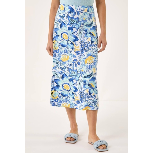 Roman Floral Print Stretch Midi Skirt - Blue - Size: 20