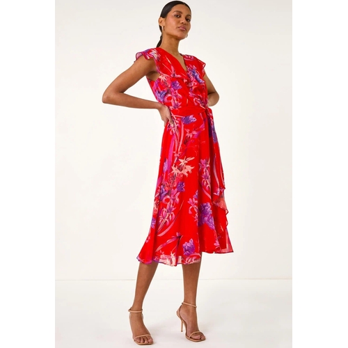 Floral Print Ruffle Wrap Front Midi Dress - Red - 14