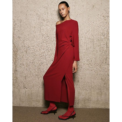 Mango Long Sleeve Boat Neck Dress - Red - Size: 10