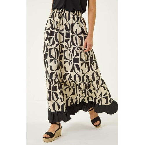 Roman Mono Print Tiered Maxi Skirt - Cream - Geometric - 20