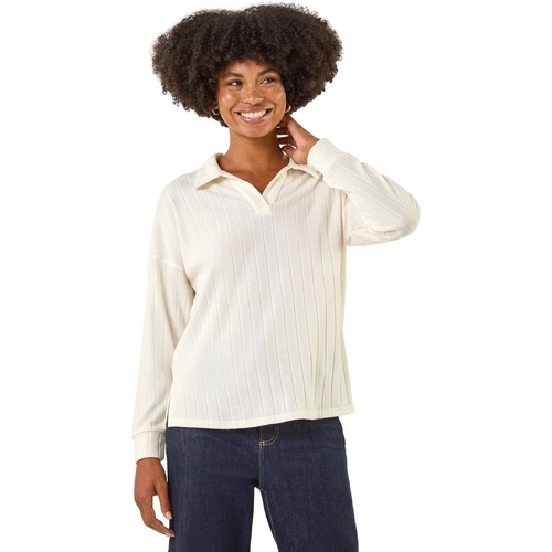 Roman Ribbed Collared Stretch Top - Striped - V-Neck - Cream - Size: 16