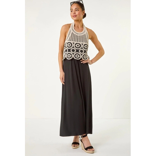 Crochet Halter Neck Maxi Dress - Roman Petite - Black - 8
