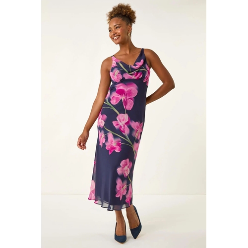 Floral Print Cowl Neck Midi Dress - Roman - Floral - UK 10