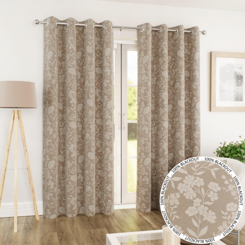 Enhanced Living Cuba Thermal Blackout Eyelet Curtains - Beige - Floral