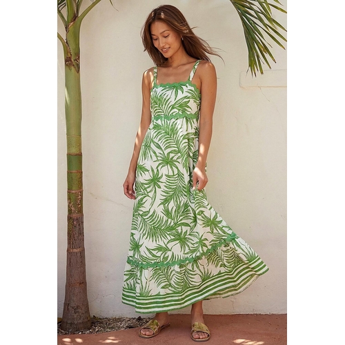 Leaf Print Ric Rac Maxi Dress - Green - 12