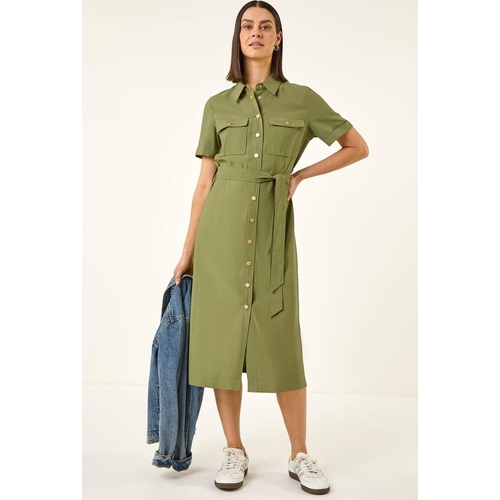 Button Belted Collared Shirt Dress - Roman - Size: 14