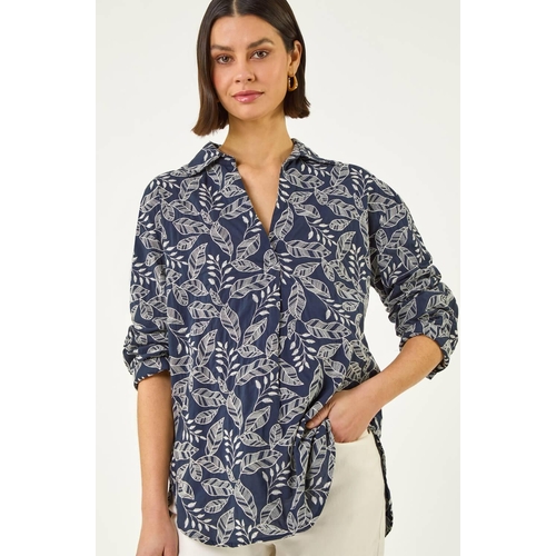 Roman Leaf Embroidered Collared Top - Navy - Floral - V-Neck - Regular - M