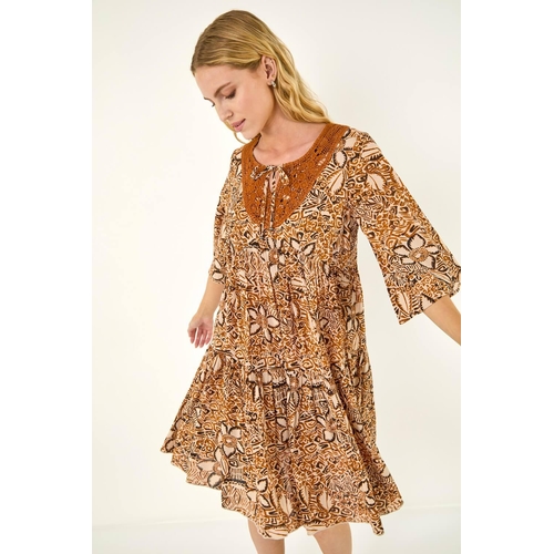 Roman Abstract Print Trim Detail Tie Front Dress - Geometric - Size: 12