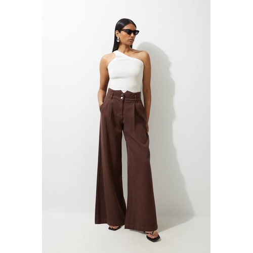 Denim Wide Leg Trousers - Brown - Size: 14