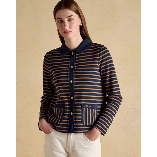 Joules Rib Cardigan - Navy/Tan - Striped - Size: 8